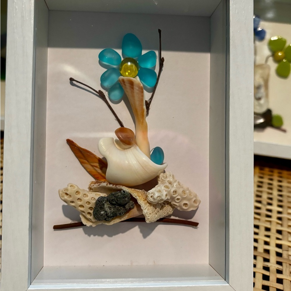 Seashell and Sea Glass Art with Blue Flower